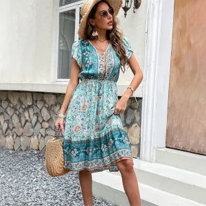 Floral Print Boho Midi Summer Dress with Petal Sleeves