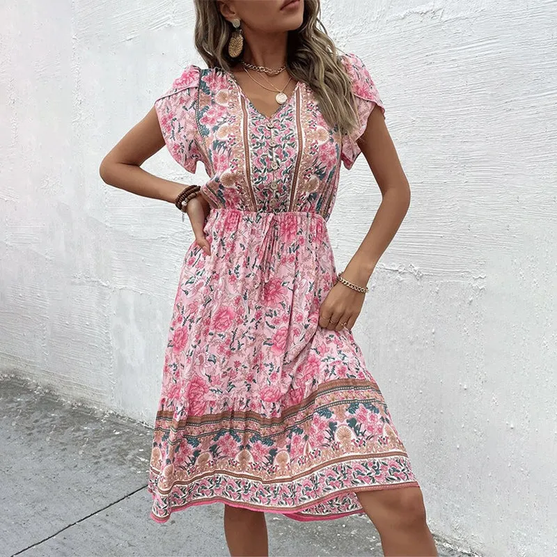 Floral Print Boho Midi Summer Dress with Petal Sleeves