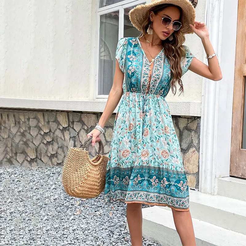 Floral Print Boho Midi Summer Dress with Petal Sleeves