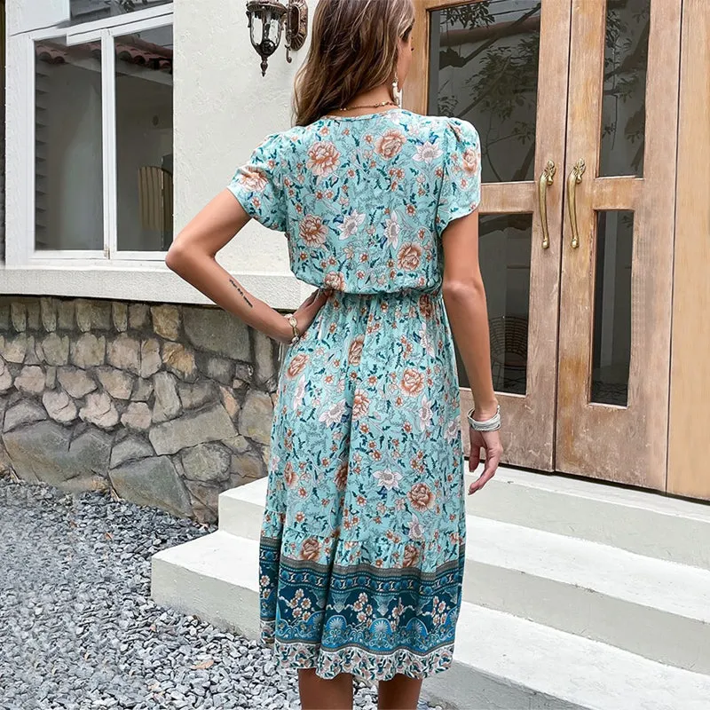 Floral Print Boho Midi Summer Dress with Petal Sleeves