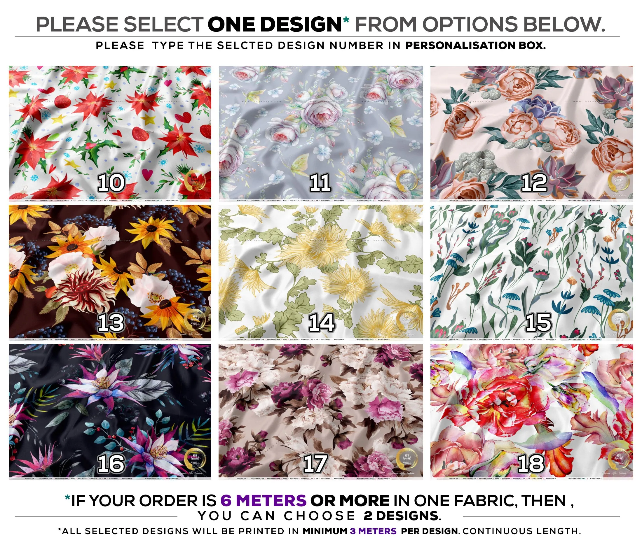 Florals Pattern Apparel Fabric 3Meters , 9 Designs | 8 Fabric Options | Fabric By the Yard | D20132