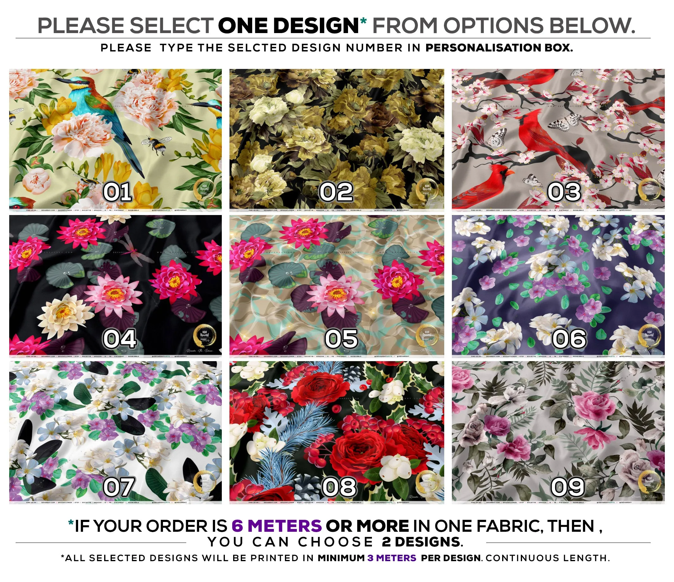 Flowers Apparel Fabric 3Meters , 9 Designs | 8 Fabrics Option | Fabric By the Yard | D20152