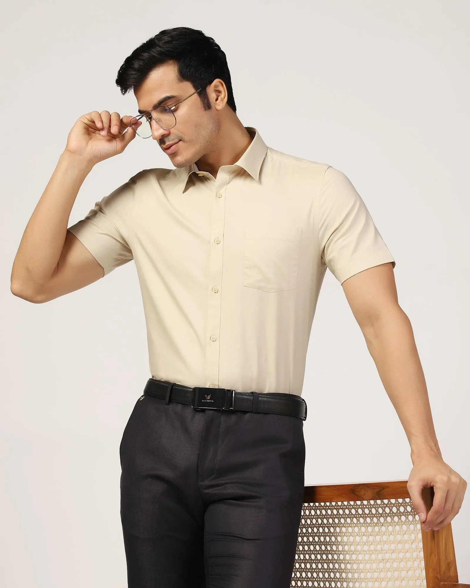 Formal Half Sleeve Beige Solid Shirt - Retro