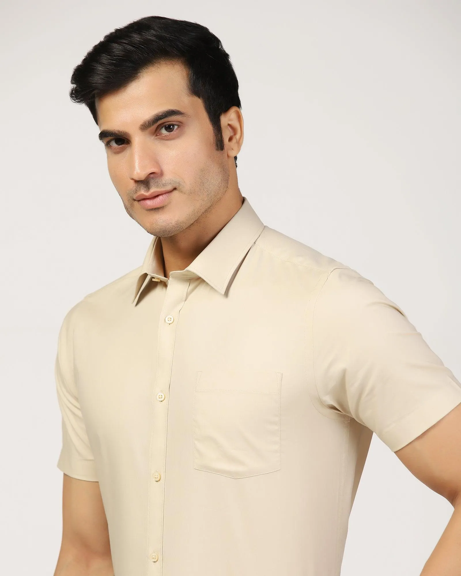 Formal Half Sleeve Beige Solid Shirt - Retro