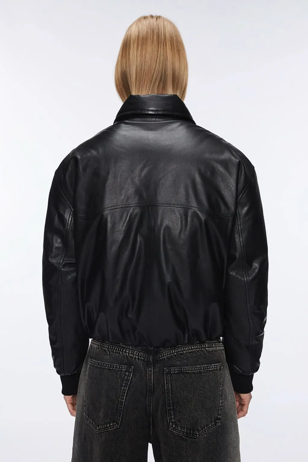 Funnel Neck Leather Bomber Jacket