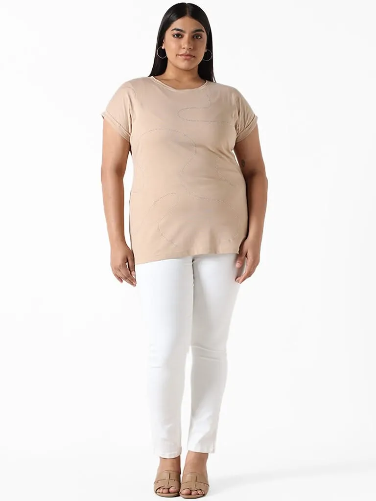 Gia Button Patterned Light Beige Cotton T-Shirt