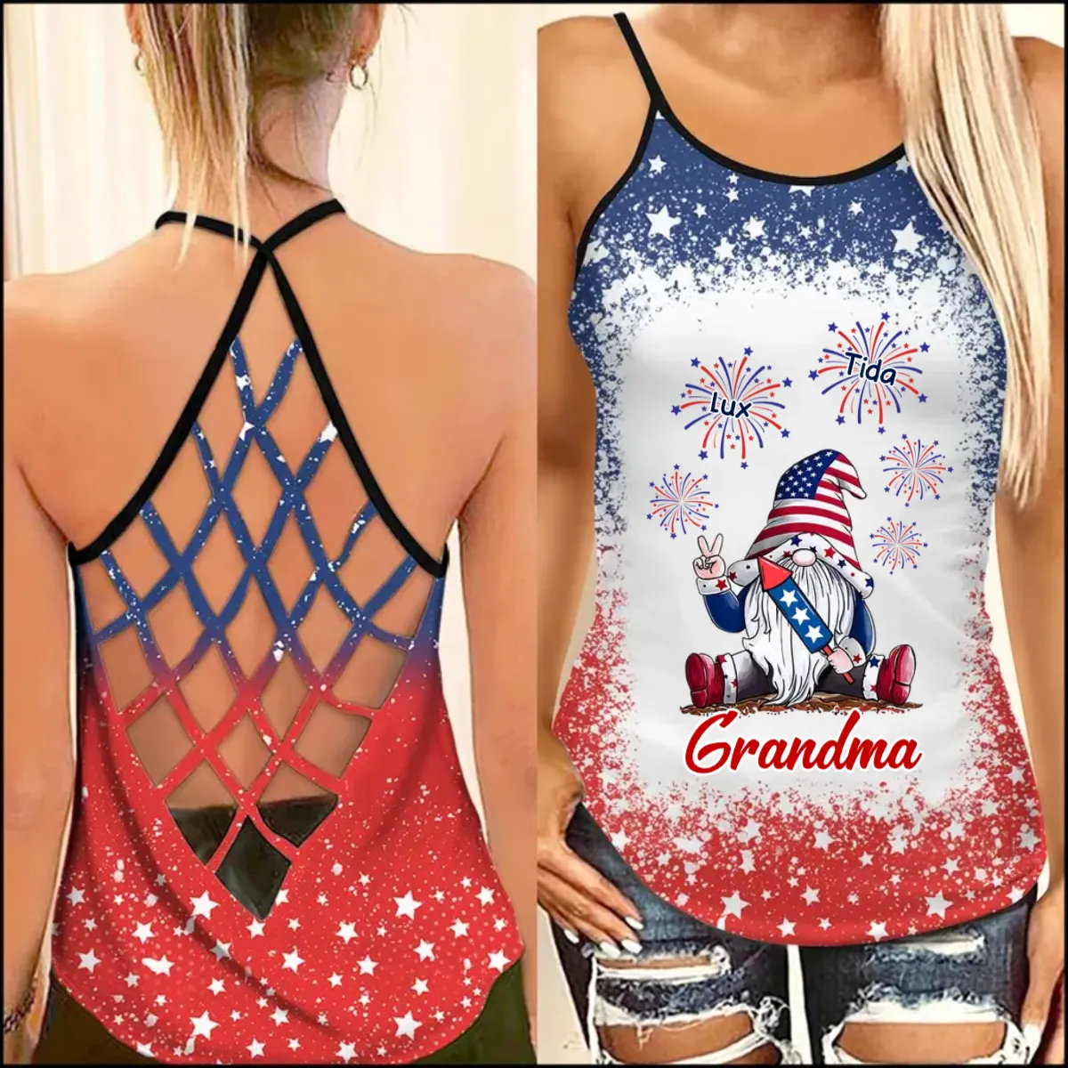 Grandma Gnome Firecracker Grandkids Independence Day Personalized Woman Cross Tank Top