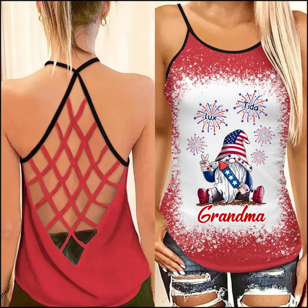 Grandma Gnome Firecracker Grandkids Independence Day Personalized Woman Cross Tank Top