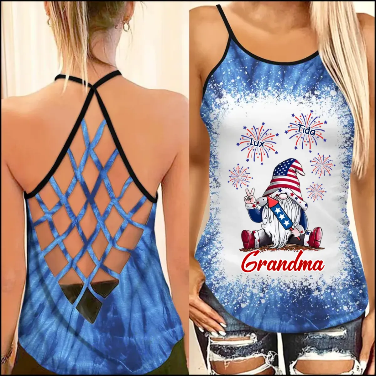 Grandma Gnome Firecracker Grandkids Independence Day Personalized Woman Cross Tank Top