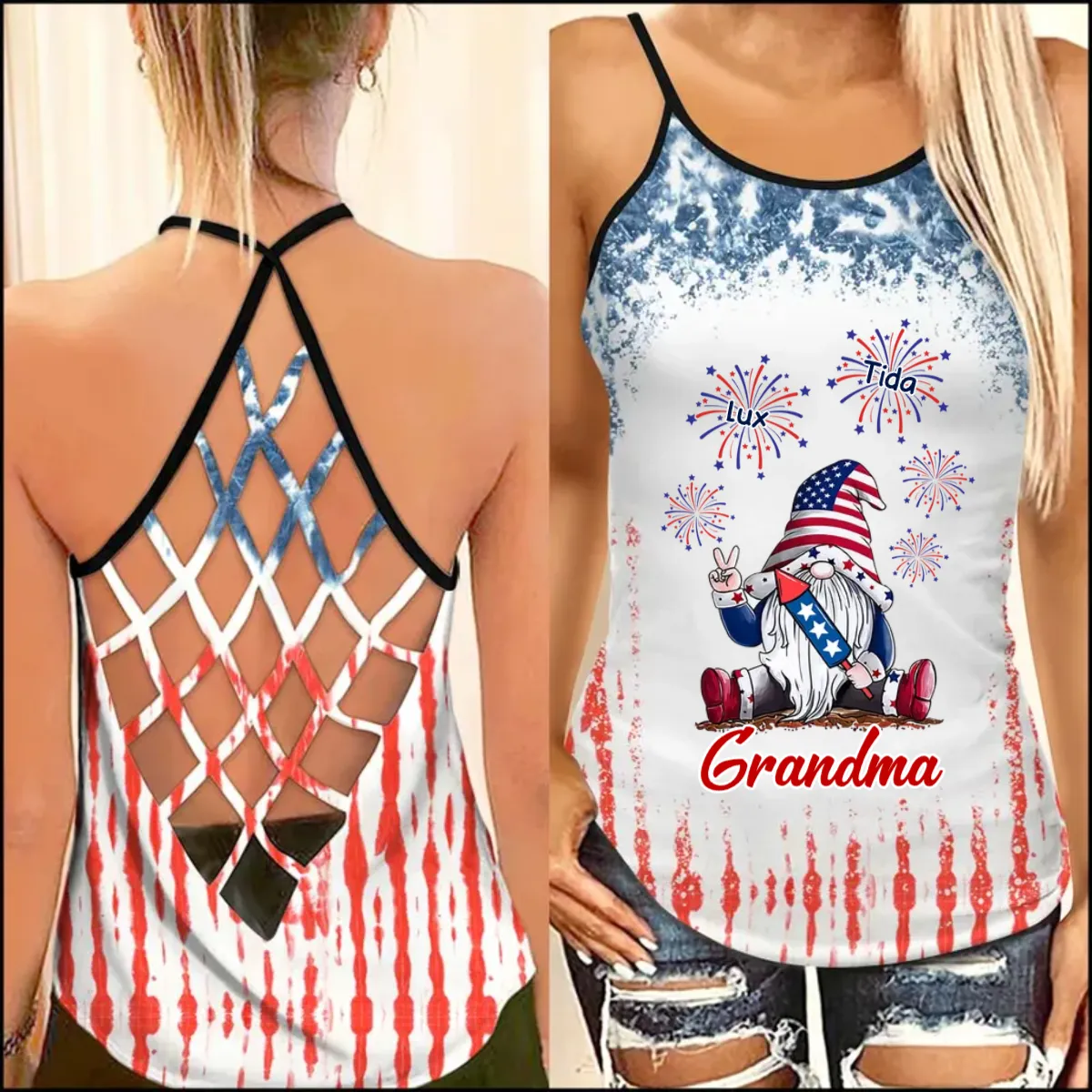 Grandma Gnome Firecracker Grandkids Independence Day Personalized Woman Cross Tank Top