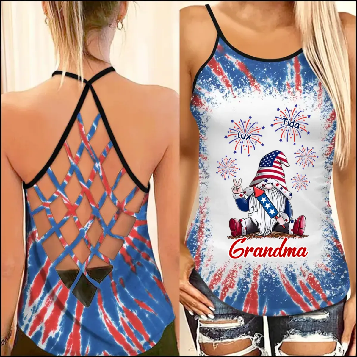 Grandma Gnome Firecracker Grandkids Independence Day Personalized Woman Cross Tank Top