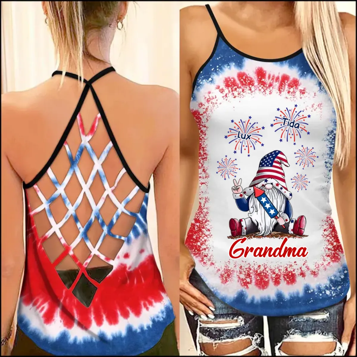 Grandma Gnome Firecracker Grandkids Independence Day Personalized Woman Cross Tank Top