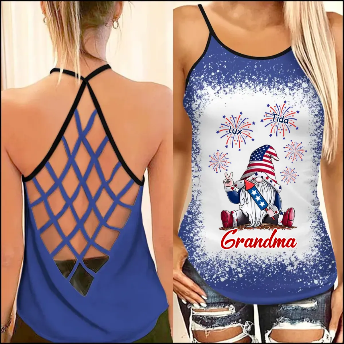 Grandma Gnome Firecracker Grandkids Independence Day Personalized Woman Cross Tank Top