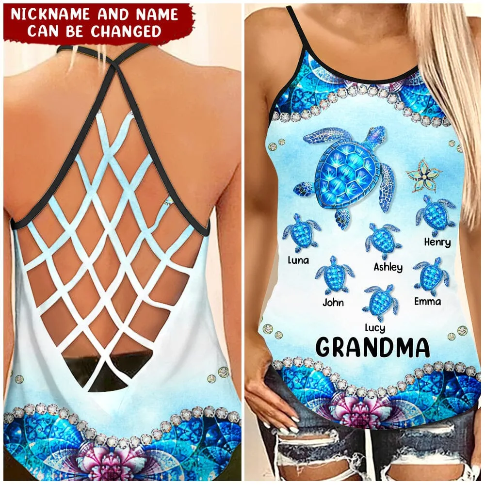 Grandma, Nana, Mimi, Love Turtle Personalized Cross Tank Top, Idea Shirt for Summer