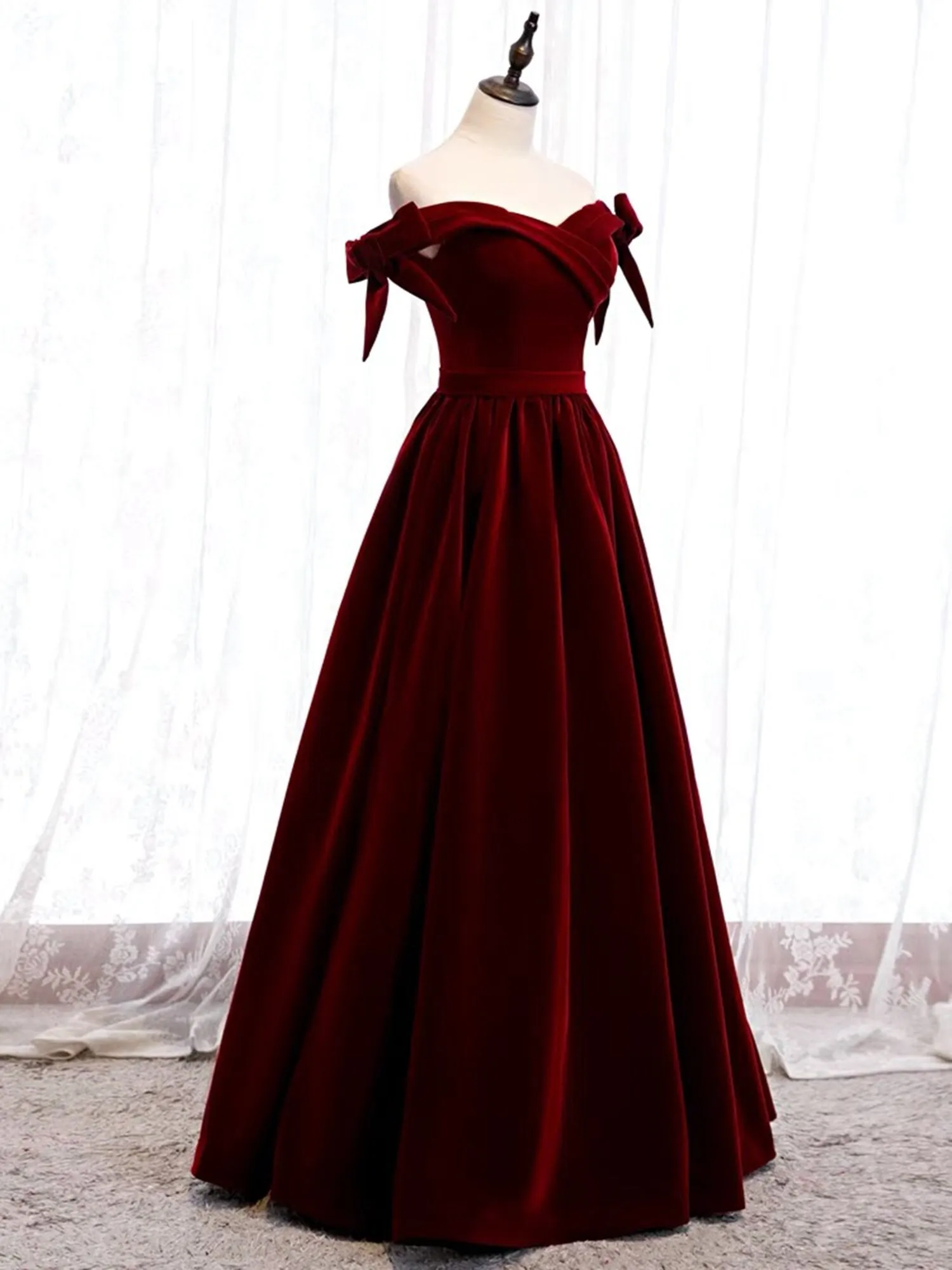 Handmade Off-the-shoulder Ball gown Velvet Dress with bows