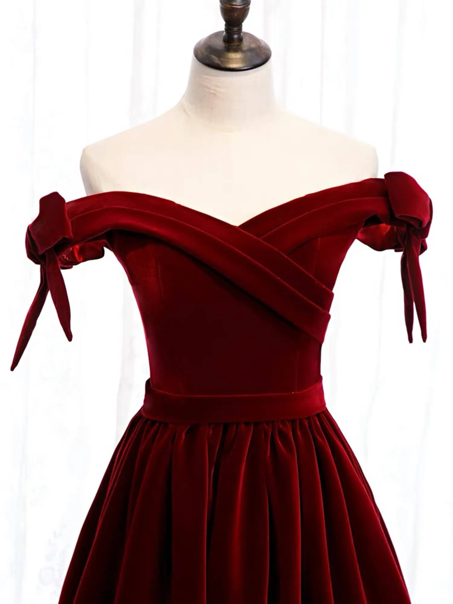 Handmade Off-the-shoulder Ball gown Velvet Dress with bows