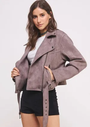 Highway Honey BELTED LONG SLEEVE SUEDE MOTO JACKET