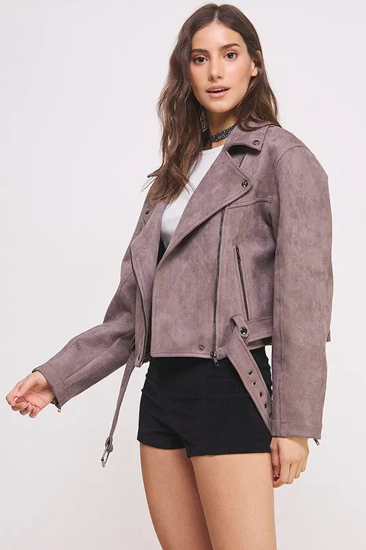 Highway Honey BELTED LONG SLEEVE SUEDE MOTO JACKET