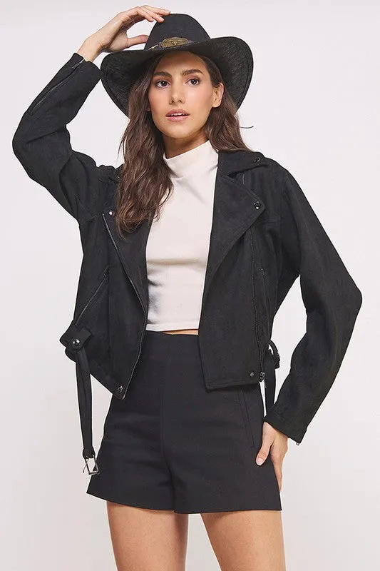 Highway Honey BELTED LONG SLEEVE SUEDE MOTO JACKET