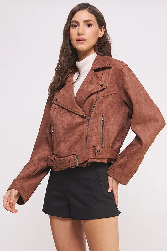 Highway Honey BELTED LONG SLEEVE SUEDE MOTO JACKET