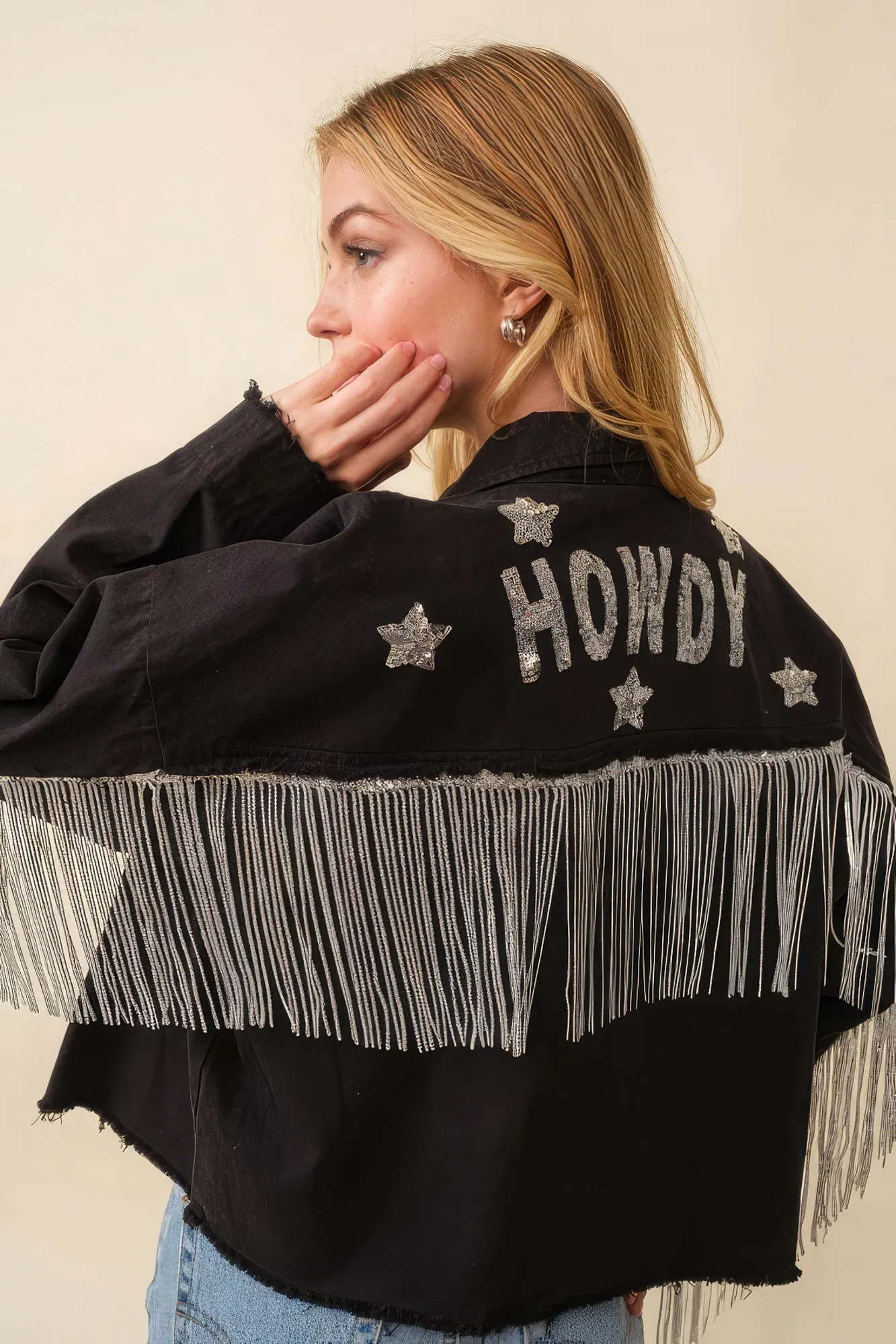 Hot Girl Howdy Sequin Fringe Star Western Jacket In Black