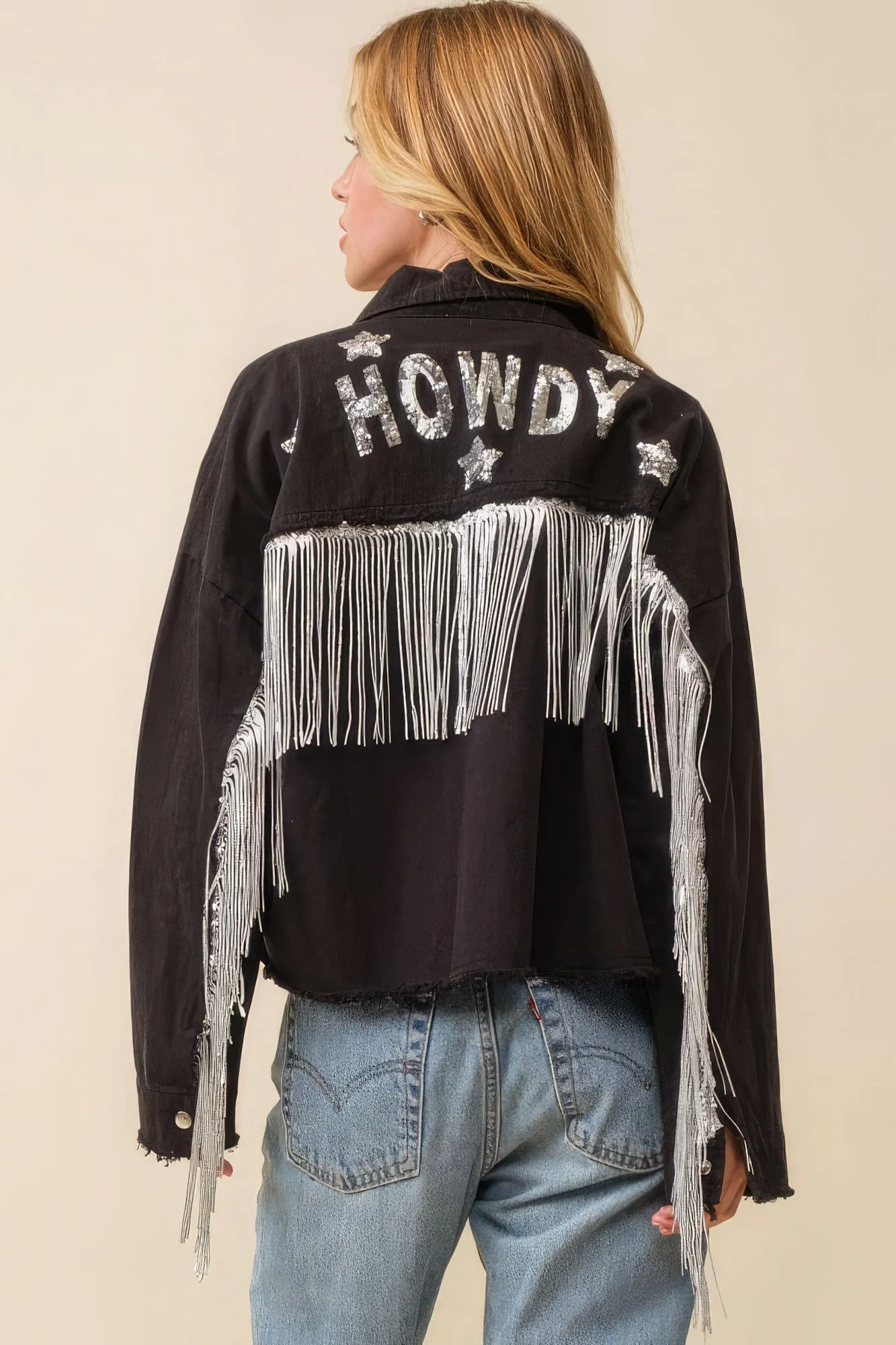 Hot Girl Howdy Sequin Fringe Star Western Jacket In Black