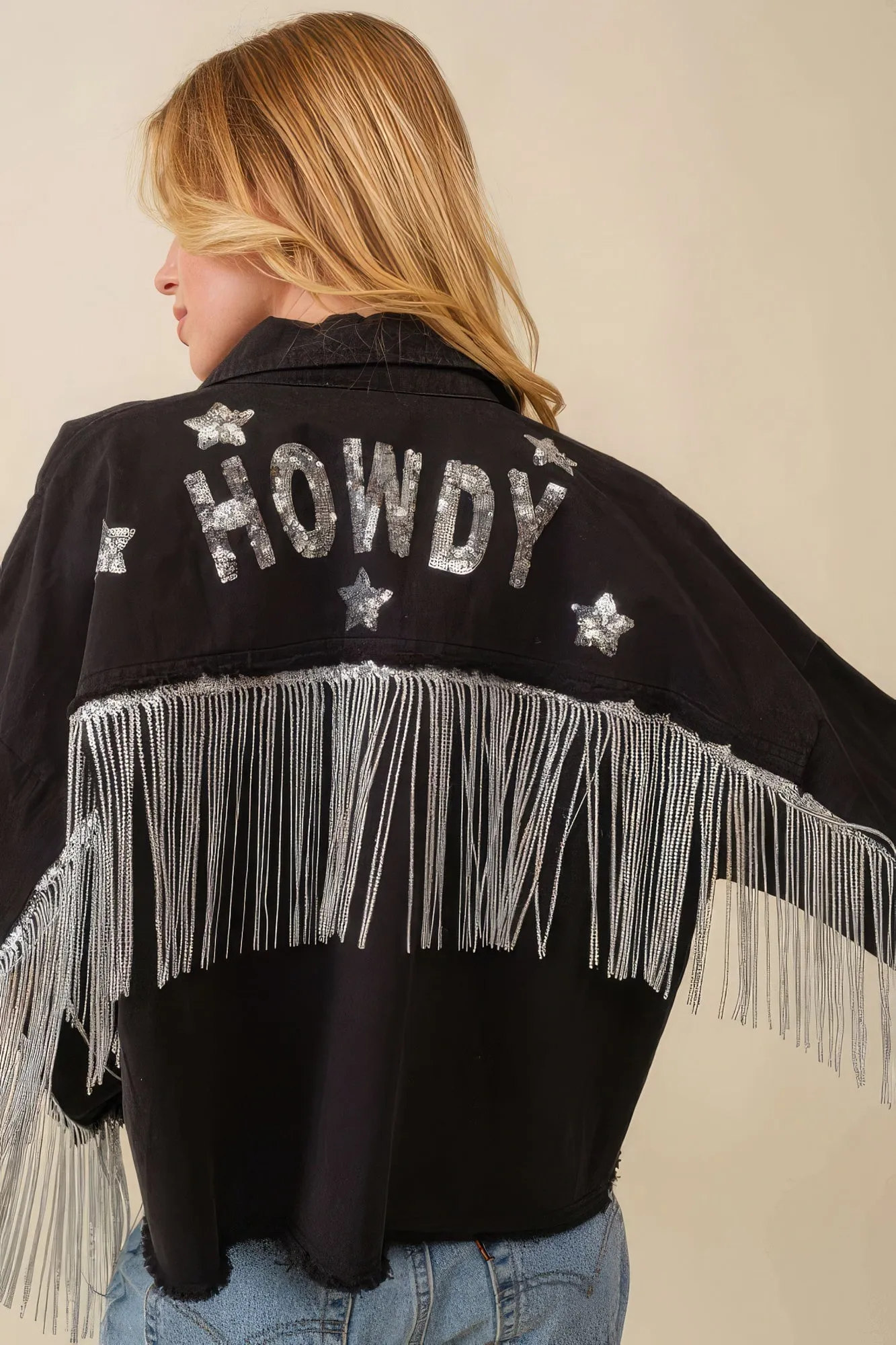 Hot Girl Howdy Sequin Fringe Star Western Jacket In Black