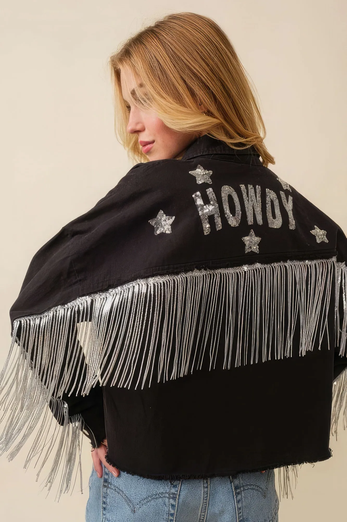 Hot Girl Howdy Sequin Fringe Star Western Jacket In Black