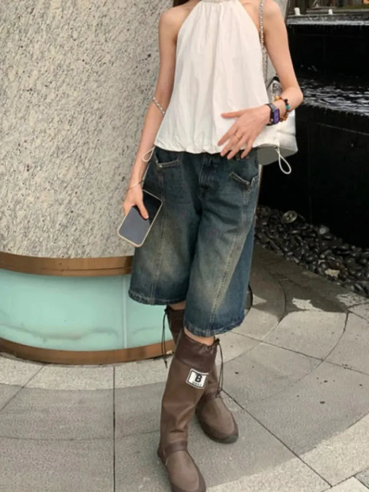 Knee Length Jeans Women Summer Low Waist Trousers Simple High Street Chic Loose Pockets Straight Fashion Distressed Casual Denim