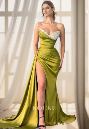 L1350 - Sheath/Column Sweetheart Satin Pleats Beaded Sleeveless Prom Evening Formal Dress