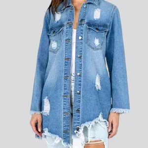 Light wash frayed jacket jean shirt for ladies