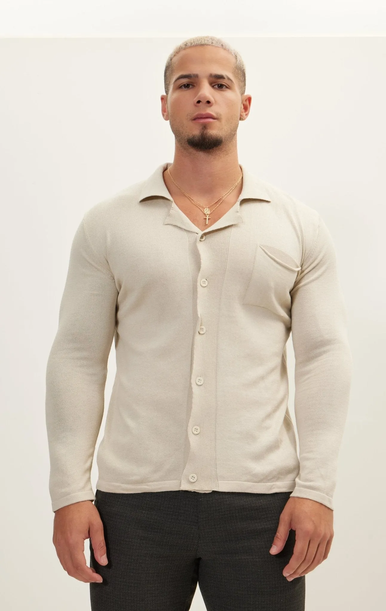 Long Sleeve Knit Button Down - Stone