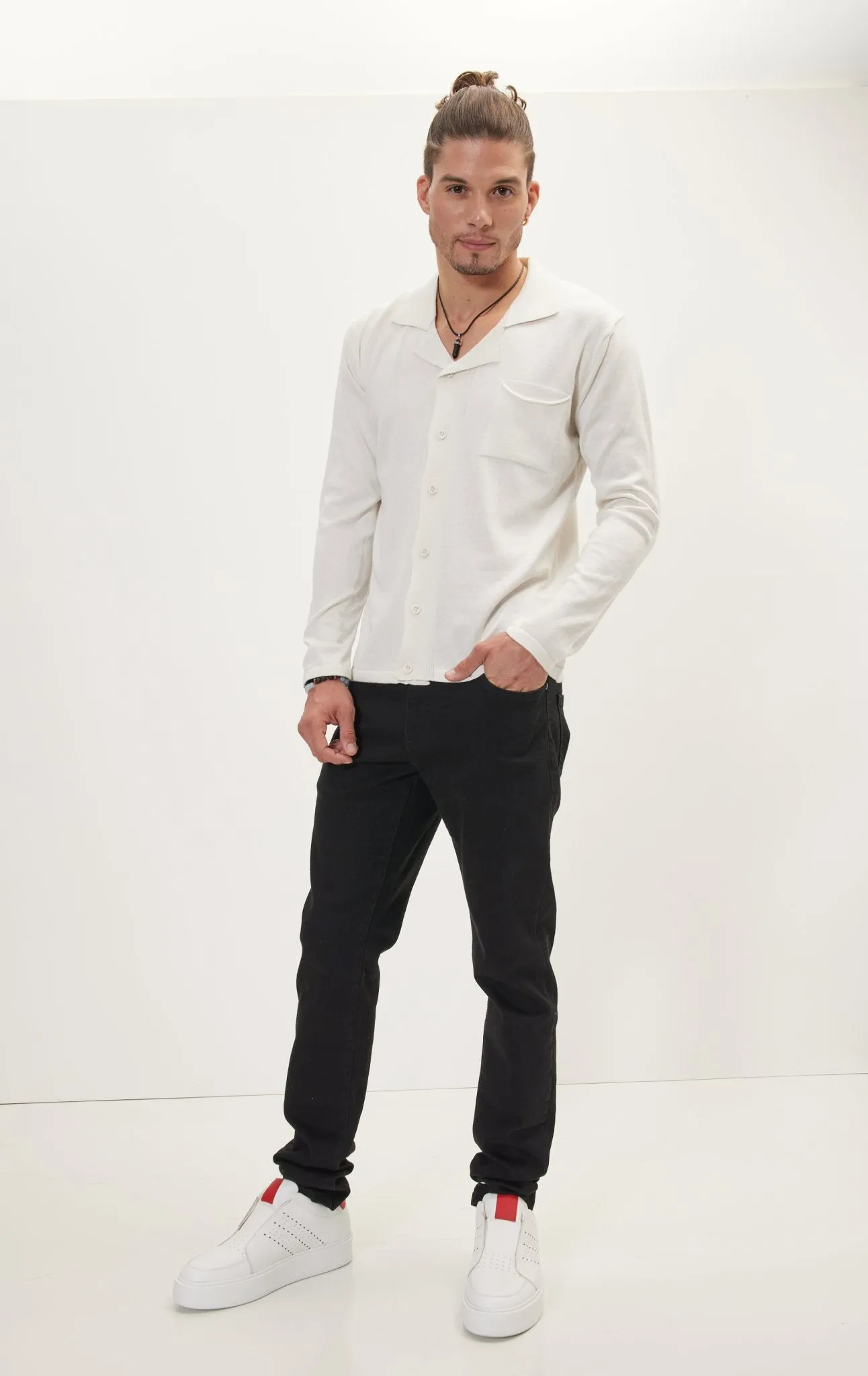 Long Sleeve Knit Button Down - White