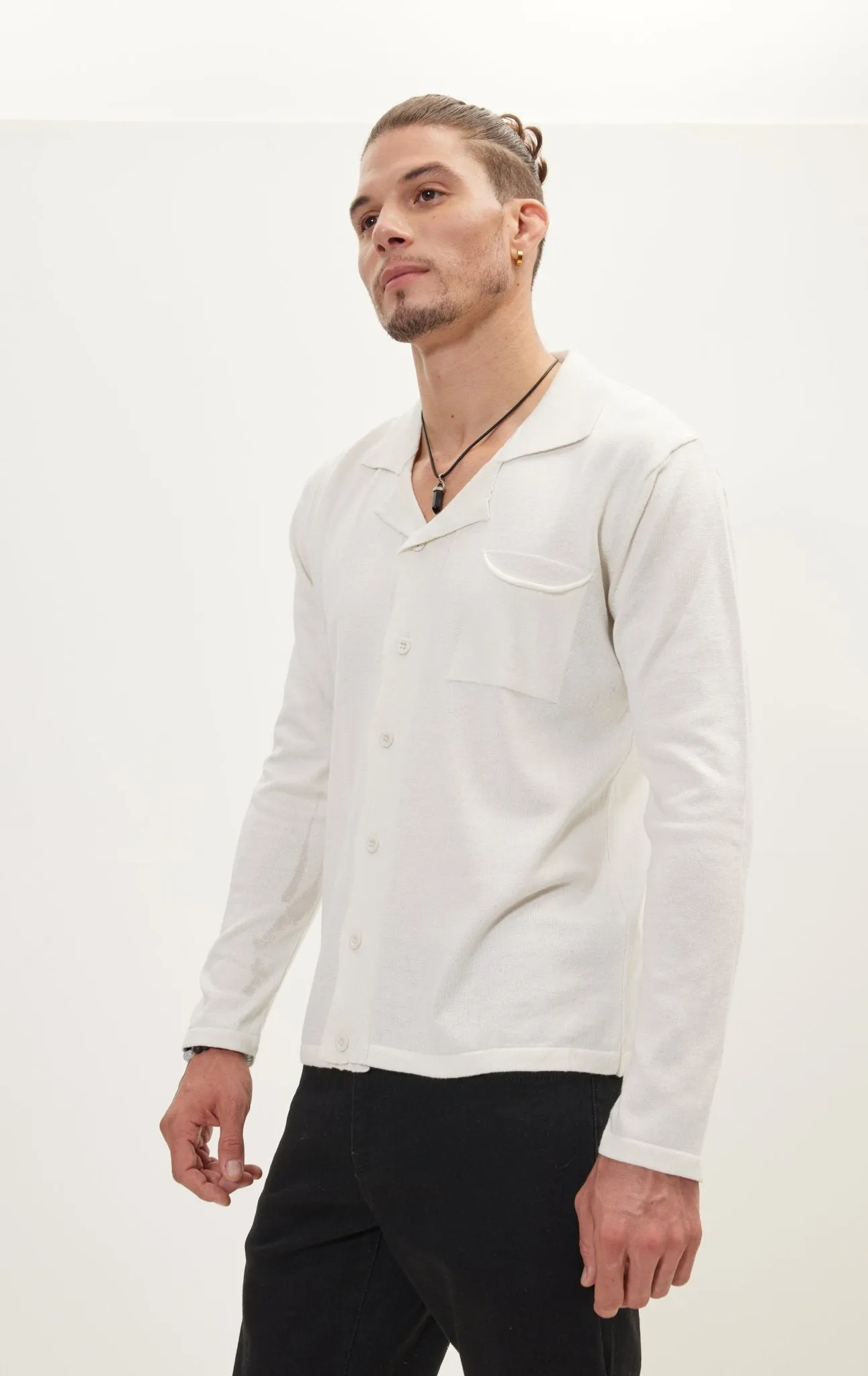 Long Sleeve Knit Button Down - White