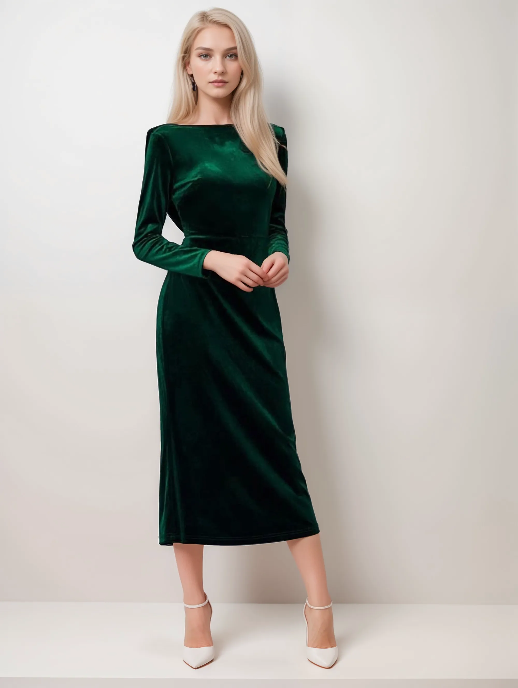 Long Sleeves Boat Neck Velvet Dress with Draped Crisscross Back