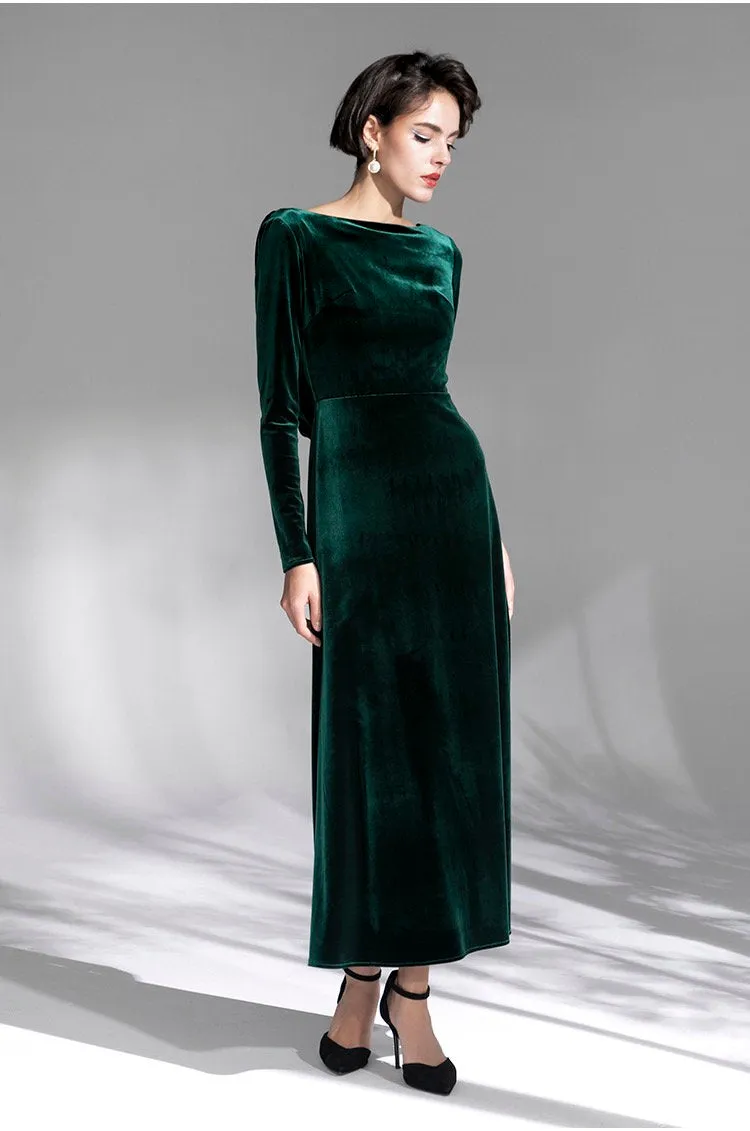 Long Sleeves Boat Neck Velvet Dress with Draped Crisscross Back