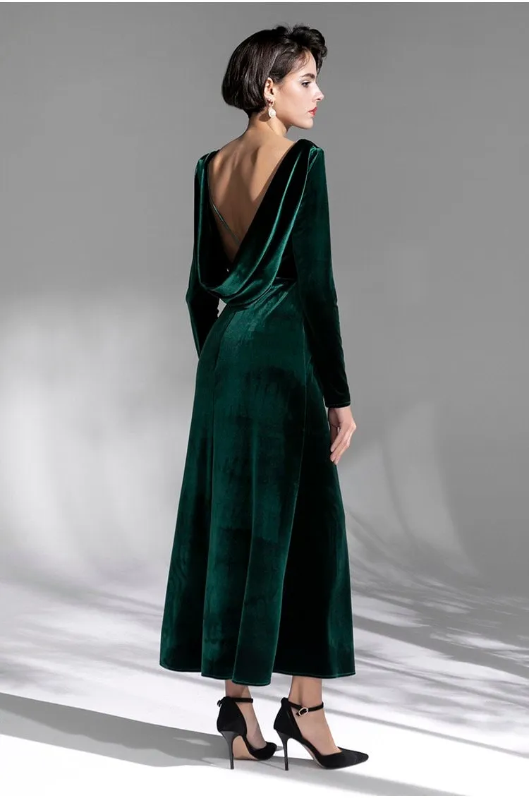 Long Sleeves Boat Neck Velvet Dress with Draped Crisscross Back