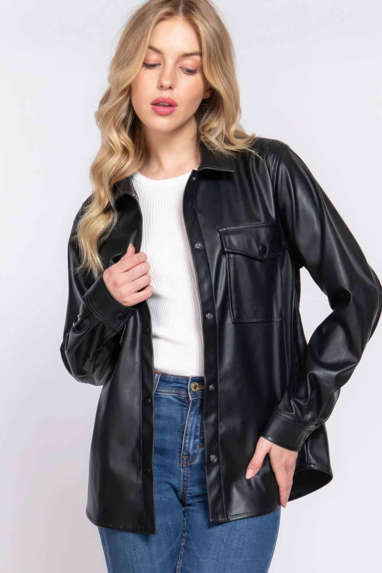 Long Slv Faux Leather Shacket