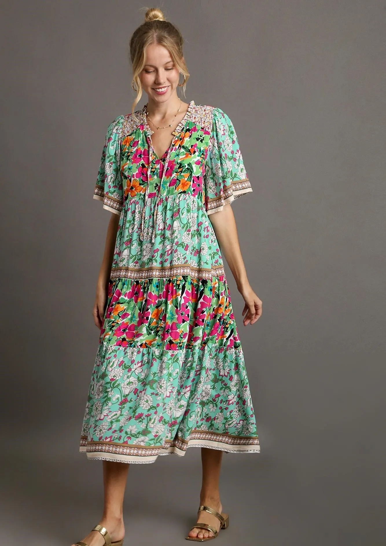 Mixed Floral Border Print Dress, Mint