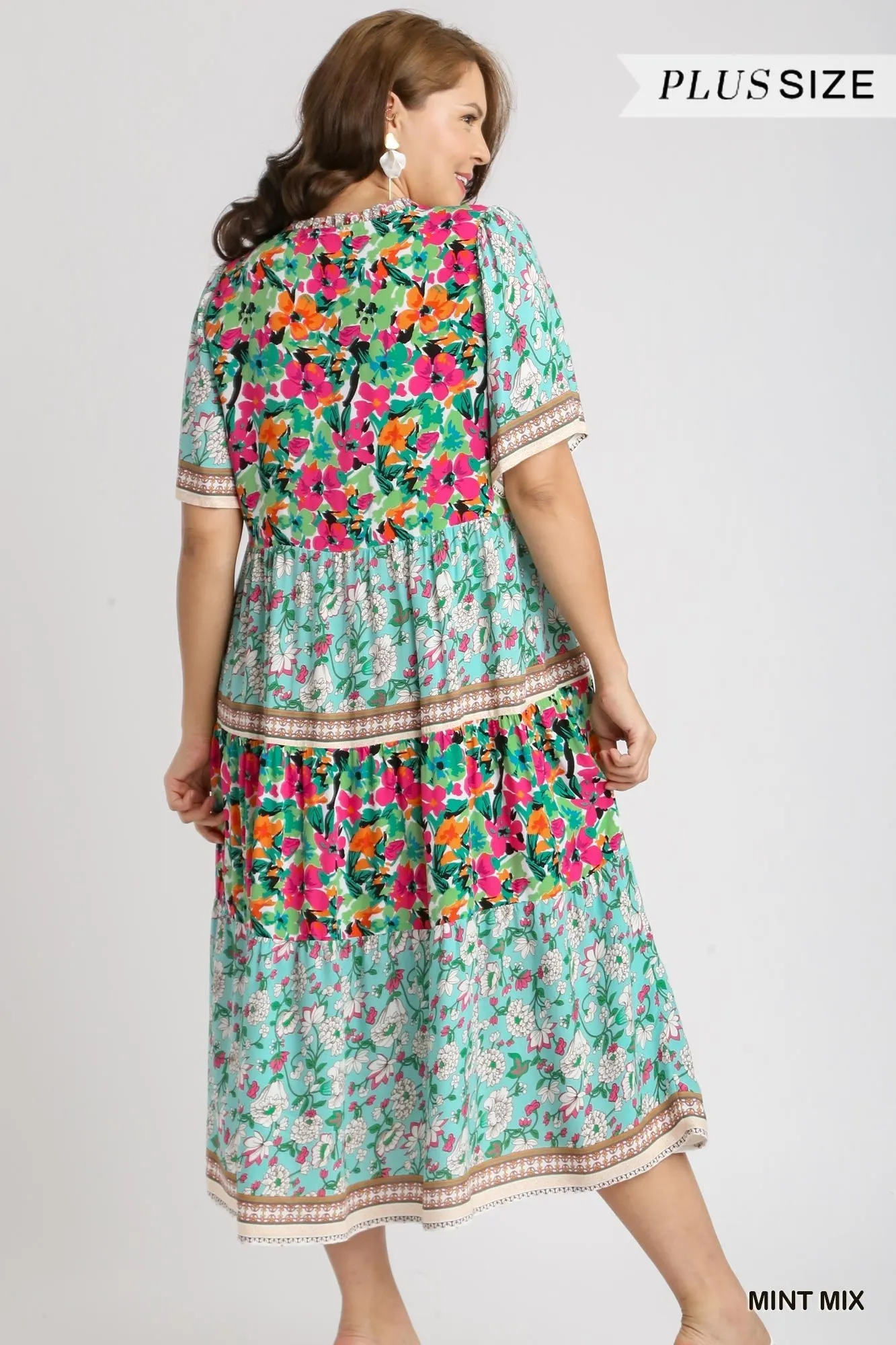 Mixed Floral Border Print Dress, Mint