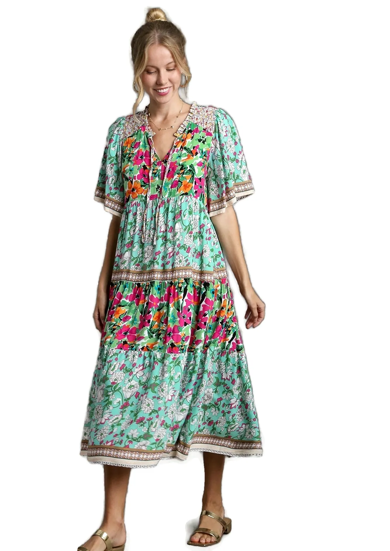 Mixed Floral Border Print Dress, Mint