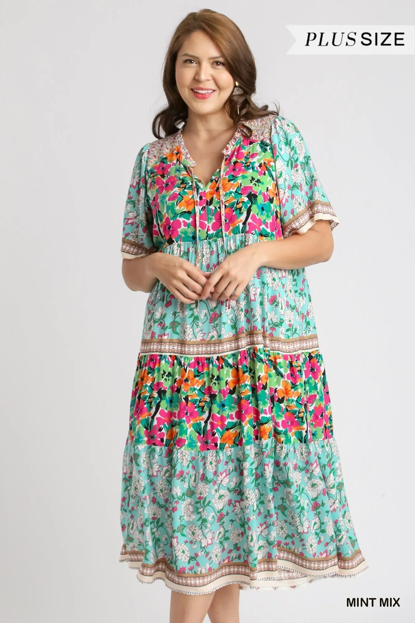 Mixed Floral Border Print Dress, Mint