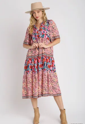 Mixed Floral Print Tiered Dress, Navy