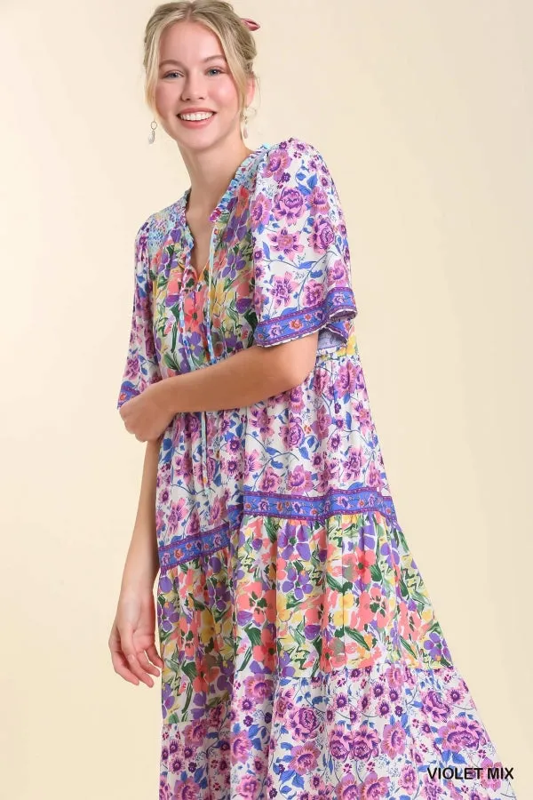 Mixed Floral Print Tiered Dress, Violet