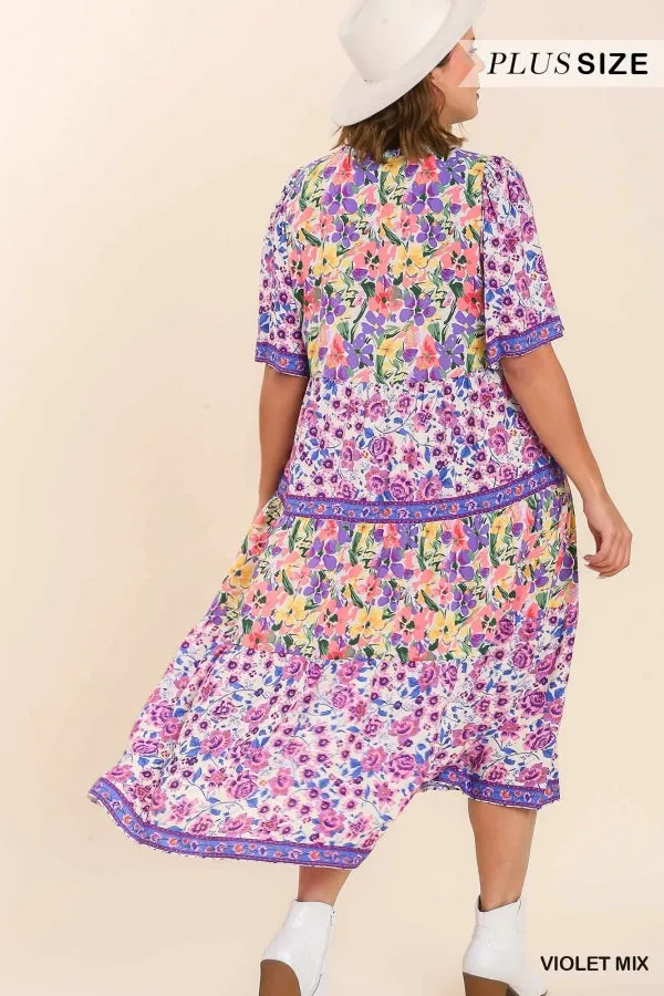 Mixed Floral Print Tiered Dress, Violet