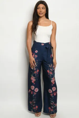 Navy Blue Floral Wide Leg Pants