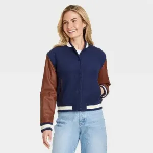 New - Universal Thread Women's Snap Button Winter Faux Leather Varsity Jacket