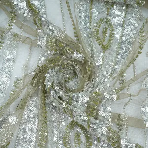 Olive Green Cutdana Sequins Embroidery Net Fabric 21236