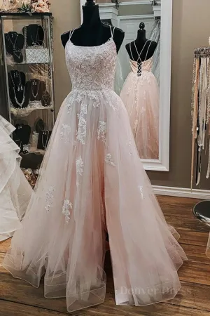 Open Back Pink Tulle Lace Long Prom Dress with Appliques Pink Lace Formal Graduation Evening Dress