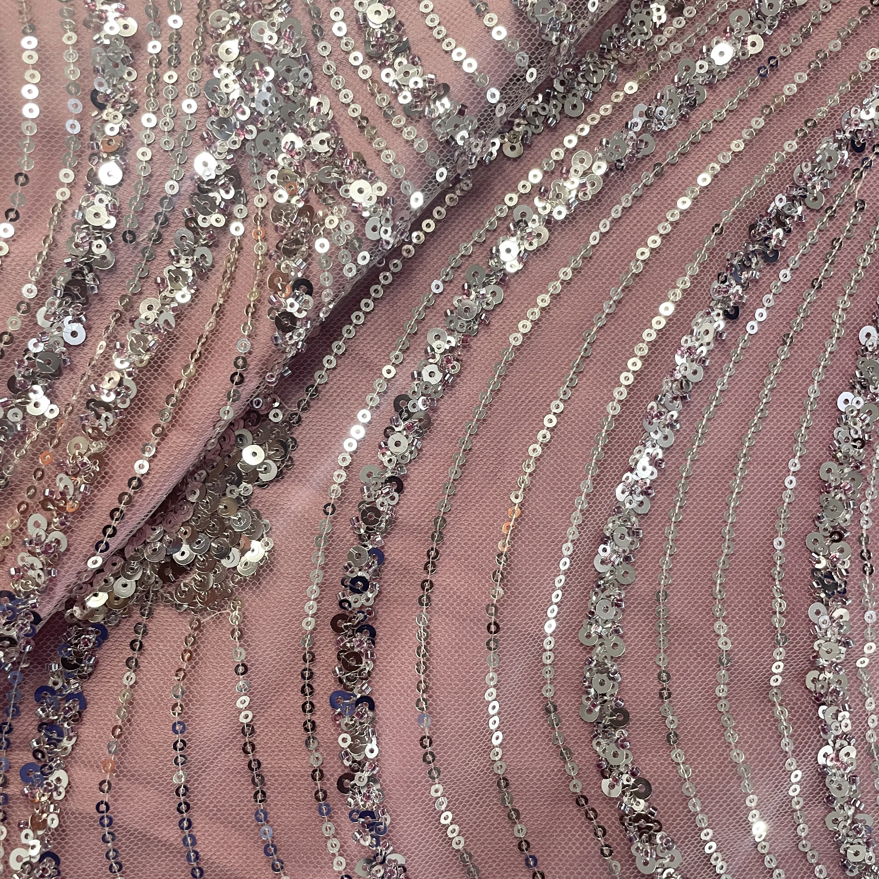 Peach Cutdana Sequins Embroidery Net Fabric 19978